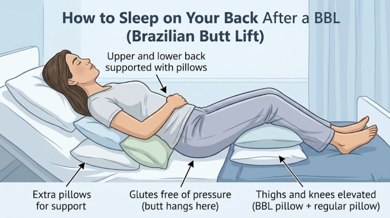 How to sleep on your back after a BBL: pillows support the upper and lower back, a BBL pillow plus a regular pillow raise the thighs and knees, and the buttocks rest free of pressure — Dr. Paulo Michels, Abu Dhabi