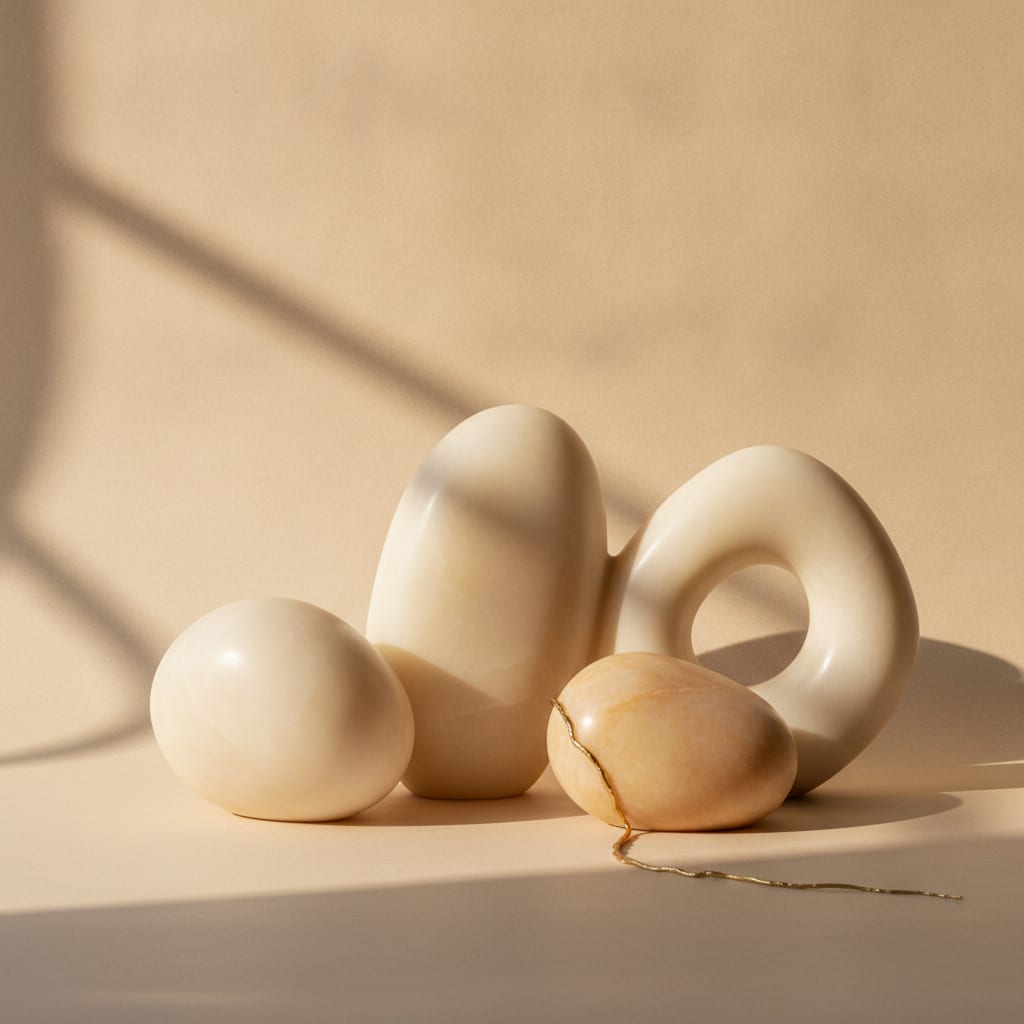 Abstract still life of smooth alabaster forms with a fine gold thread — editorial imagery for permanent filler removal by Dr. Paulo Michels, Abu Dhabi