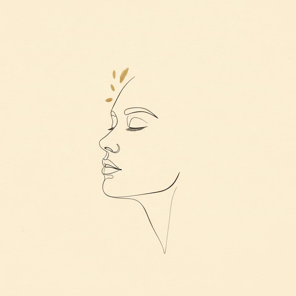 Serene ink line drawing of a calm face in profile with soft gold accents — migraine surgery (nerve decompression) by Dr. Paulo Michels, Abu Dhabi
