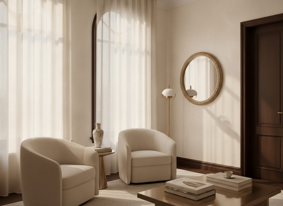 Private consultation setting in warm ivory and gold tones — Dr. Paulo Michels, Elyzee Hospital, Abu Dhabi