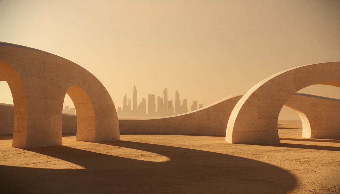 Warm ivory arches framing a distant city skyline — editorial photography for Dr. Paulo Michels, plastic surgeon serving Dubai and Abu Dhabi